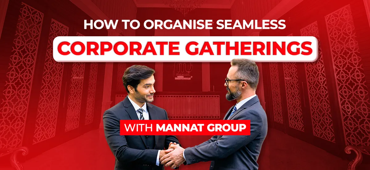 Corporate gathering and business event setup at Mannat Group hospitality venue with professional seating, dining, and networking spaces.